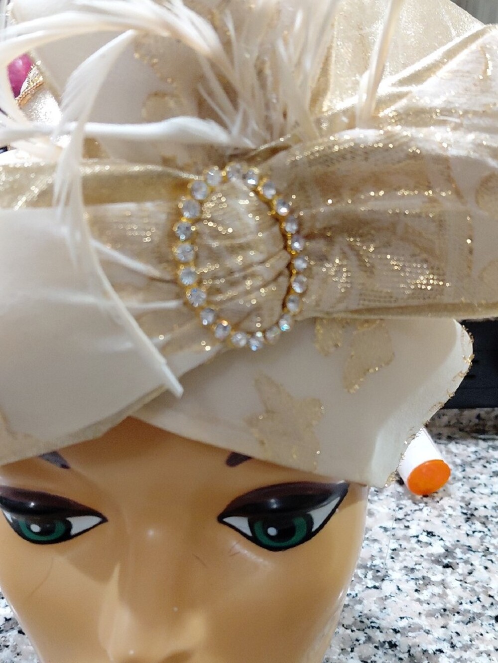 Elegant Ivory Feathered Headwrap with Rhinestone Brooch Ms Divine Hat - Picture 2 of 8